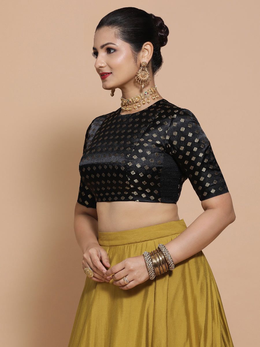 Mihika x Tyohaar Saree Blouse, in Black Embroidery & Brocade, featuring elbow sleeves and jewel neckline (view 8).