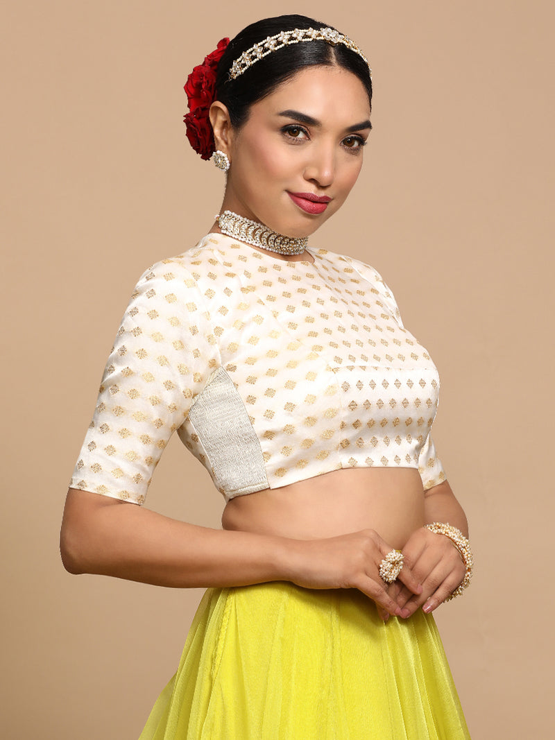 Mihika x Tyohaar | Elbow Sleeves Satin Viscose Saree Blouse in Cream Butta Fabric-Binks