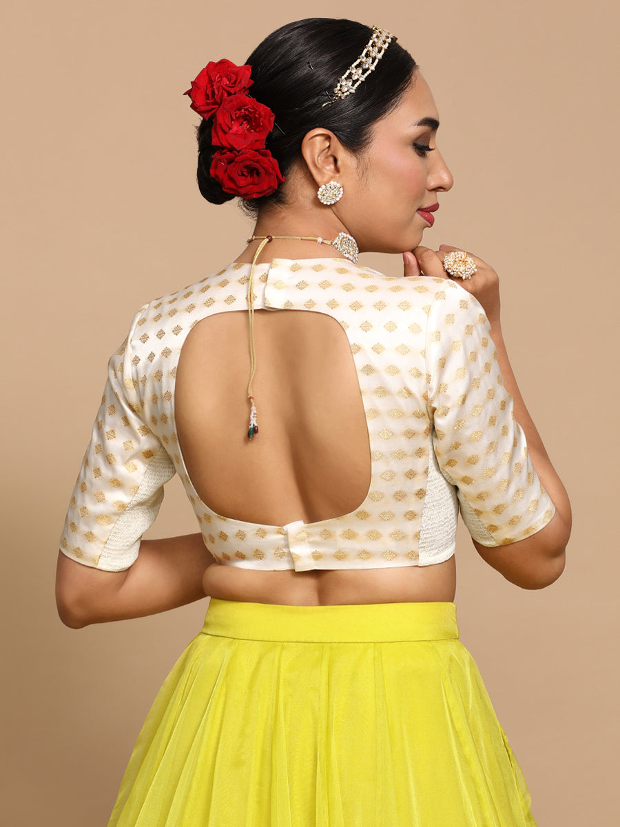 Mihika x Tyohaar Saree Blouse, in Cream Embroidery & Brocade, featuring elbow sleeves and jewel neckline (view 2).