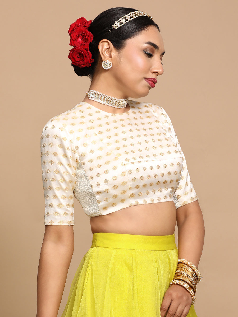Mihika x Tyohaar Saree Blouse, in Cream Embroidery & Brocade, featuring elbow sleeves and jewel neckline (view 7).