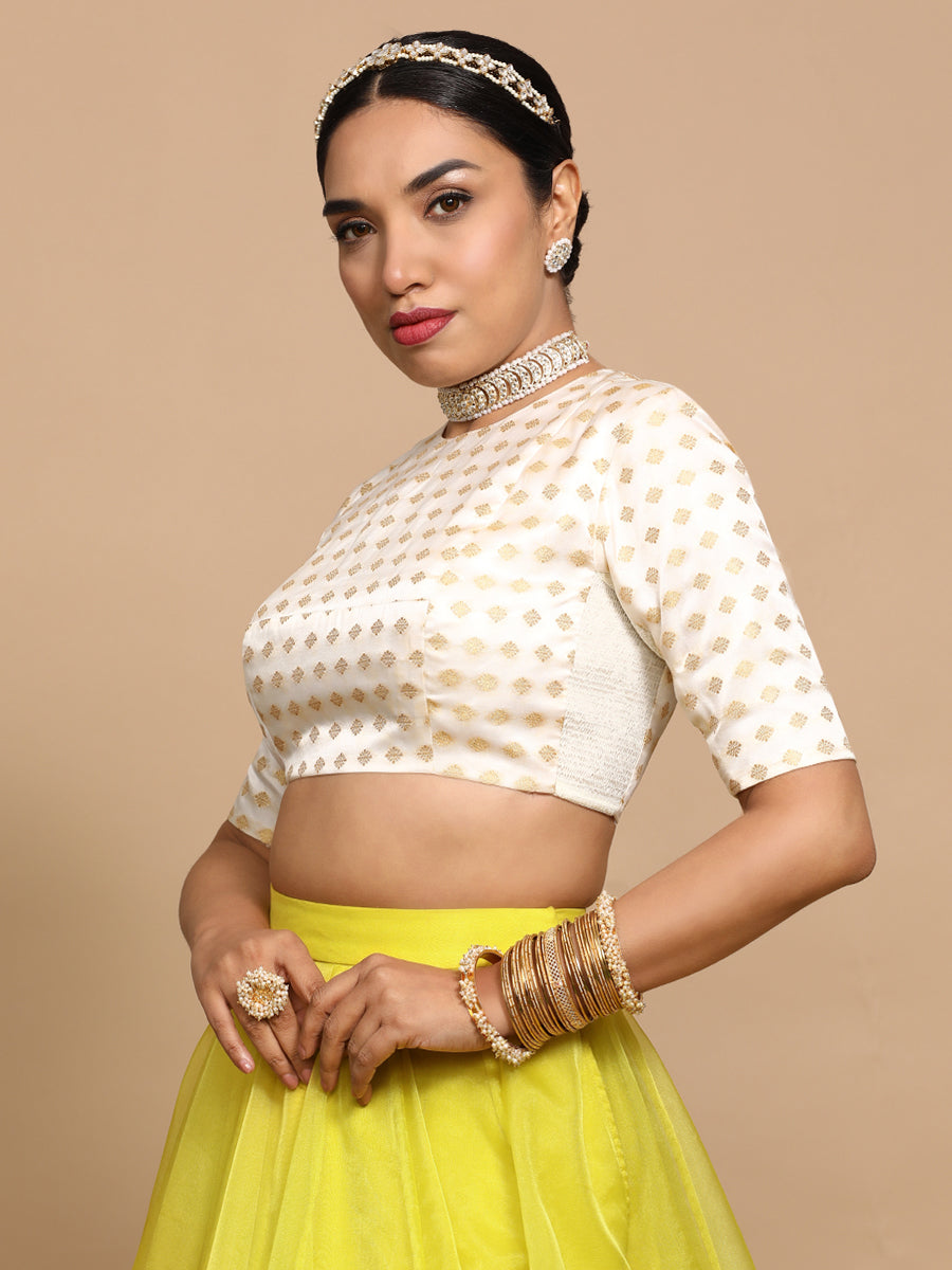 Mihika x Tyohaar Saree Blouse, in Cream Embroidery & Brocade, featuring elbow sleeves and jewel neckline (view 8).