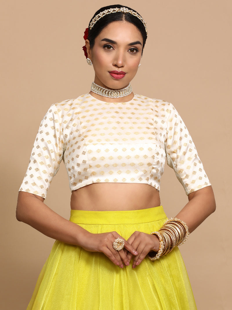 Mihika x Tyohaar | Elbow Sleeves Satin Viscose Saree Blouse in Cream Butta Fabric-Binks