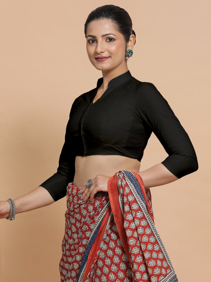 Minal x Rozaana | Mandarin Collar Black Plain Cotton Saree Blouse-Binks