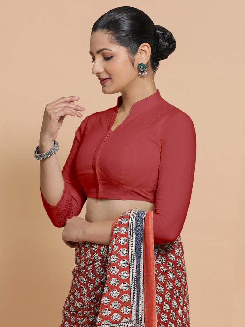 Minal x Rozaana | Three Quarter Sleeves Saree Blouse in Carmine Red Plain Cotton-Binks