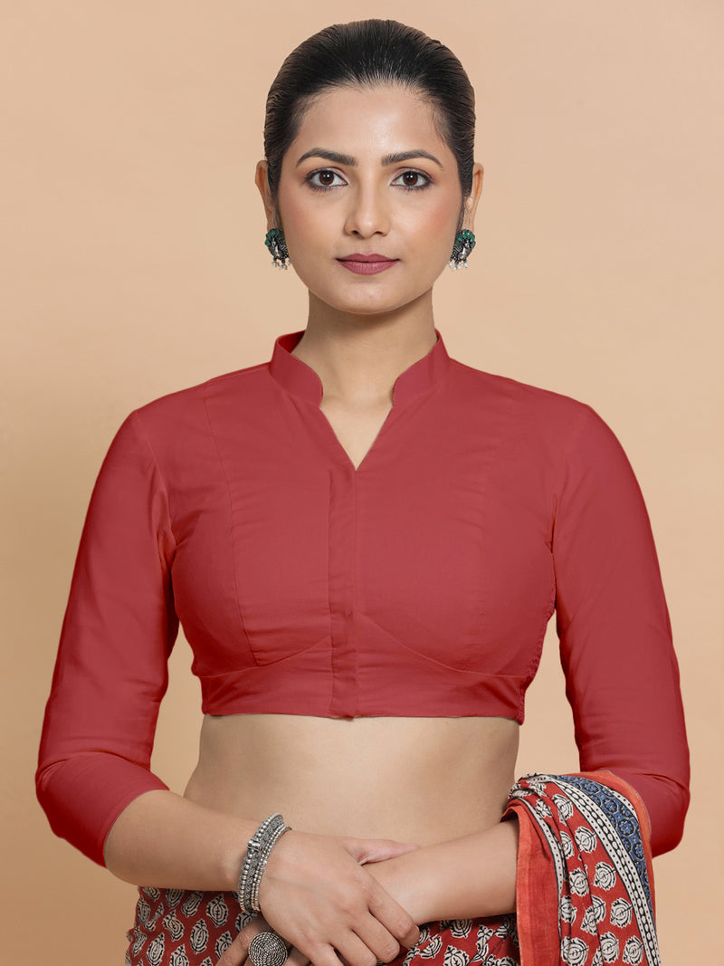 Minal x Rozaana | Three Quarter Sleeves Saree Blouse in Carmine Red Plain Cotton-Binks
