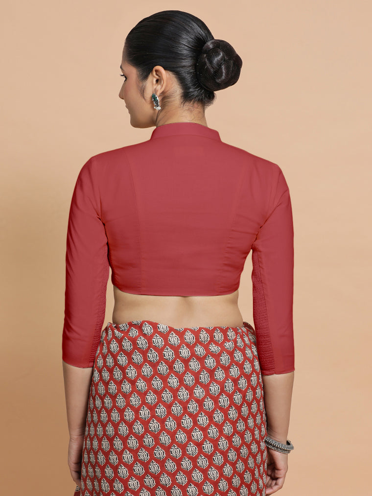 Minal x Rozaana Saree Blouse, in Red 100% Cotton - Solid, featuring three quarter sleeves and mandarin collar neckline (view 2).