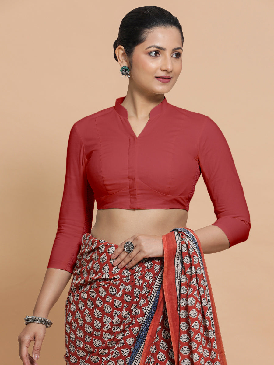 Minal x Rozaana Saree Blouse, in Red 100% Cotton - Solid, featuring three quarter sleeves and mandarin collar neckline (view 5).
