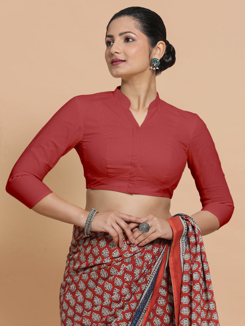 Minal x Rozaana | Three Quarter Sleeves Saree Blouse in Carmine Red Plain Cotton-Binks