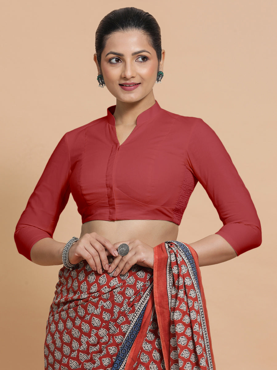 Minal x Rozaana Saree Blouse, in Red 100% Cotton - Solid, featuring three quarter sleeves and mandarin collar neckline (view 7).