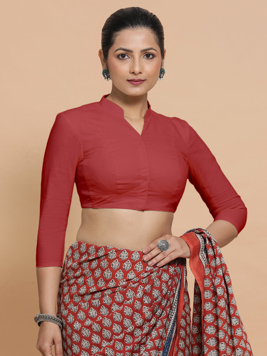 Minal x Rozaana Saree Blouse, in Red 100% Cotton - Solid, featuring three quarter sleeves and mandarin collar neckline (view 8).