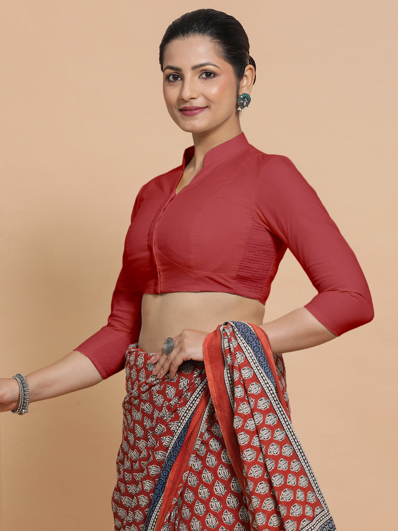 Minal x Rozaana | Three Quarter Sleeves Saree Blouse in Carmine Red Plain Cotton-Binks