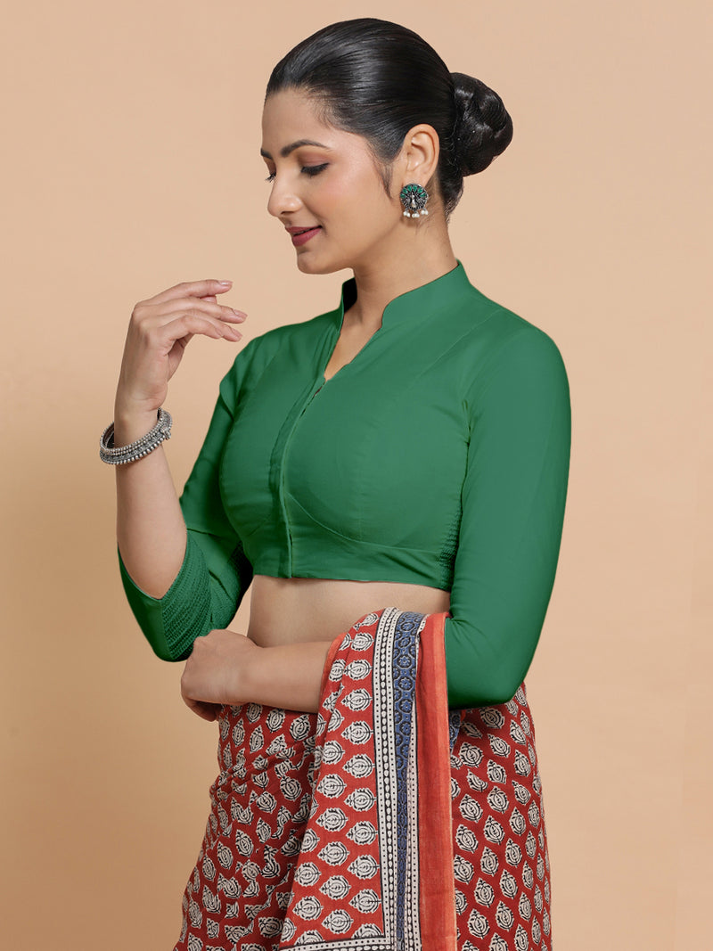 Minal x Rozaana | Three Quarter Sleeves Saree Blouse in Castleton Green Plain Cotton-Binks