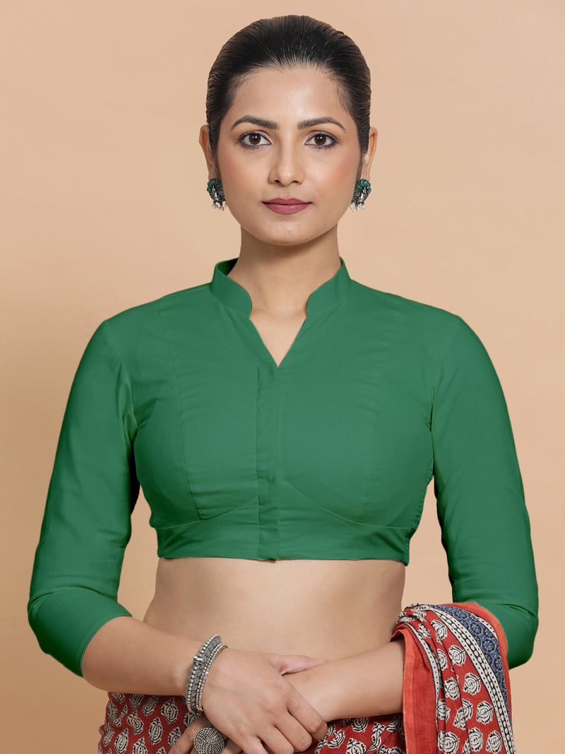Minal x Rozaana | Three Quarter Sleeves Saree Blouse in Castleton Green Plain Cotton-Binks