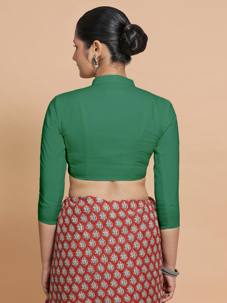 Minal x Rozaana Saree Blouse, in Green 100% Cotton - Solid, featuring three quarter sleeves and mandarin collar neckline.