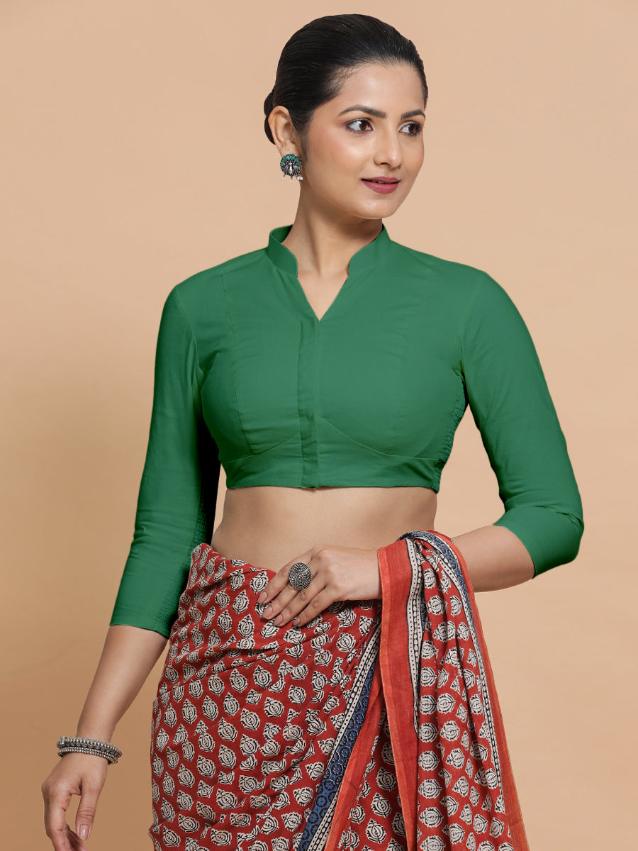 Minal x Rozaana Saree Blouse, in Green 100% Cotton - Solid, featuring three quarter sleeves and mandarin collar neckline.