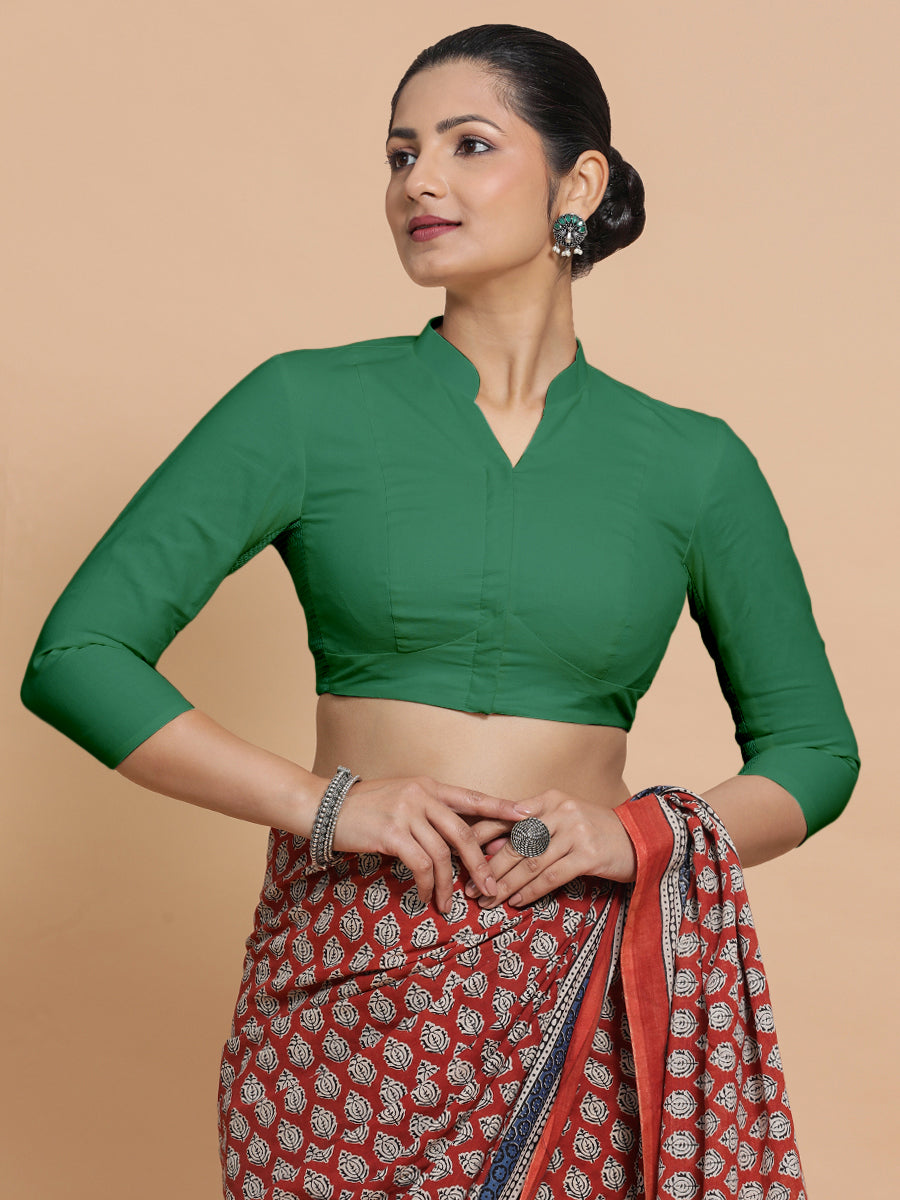 Minal x Rozaana Saree Blouse, in Green 100% Cotton - Solid, featuring three quarter sleeves and mandarin collar neckline.