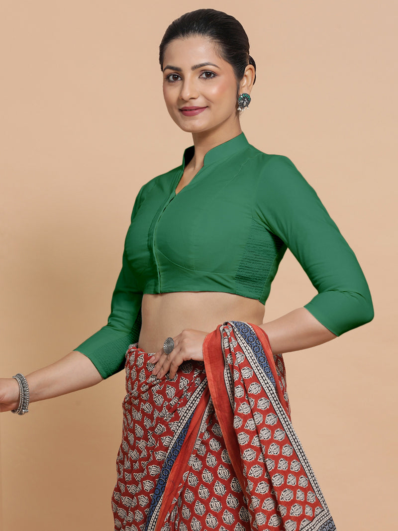 Minal x Rozaana | Three Quarter Sleeves Saree Blouse in Castleton Green Plain Cotton-Binks