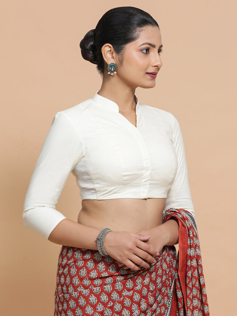 Minal x Rozaana | Mandarin Collar Ivory Mist Plain Cotton Saree Blouse-Binks