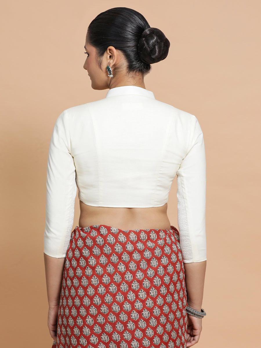 Minal x Rozaana Saree Blouse, in Cream Cotton, featuring three quarter sleeves and mandarin collar neckline (view 2).