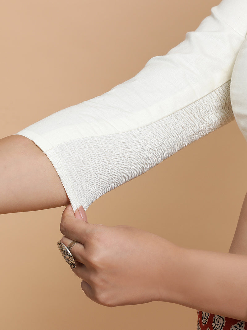 Minal x Rozaana | Mandarin Collar Ivory Mist Plain Cotton Saree Blouse-Binks