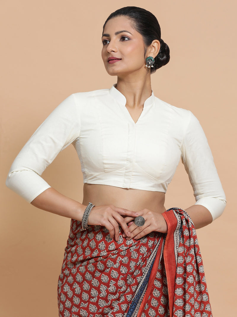 Minal x Rozaana | Mandarin Collar Ivory Mist Plain Cotton Saree Blouse-Binks