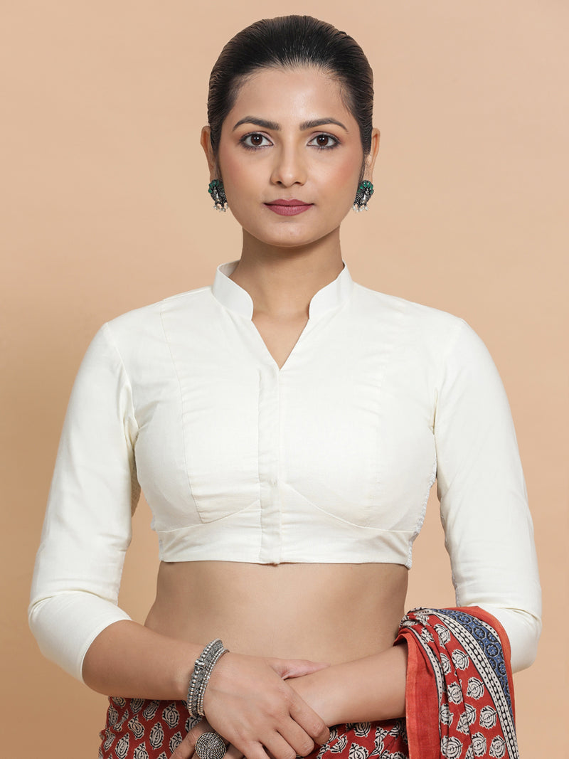Minal x Rozaana | Mandarin Collar Ivory Mist Plain Cotton Saree Blouse-Binks