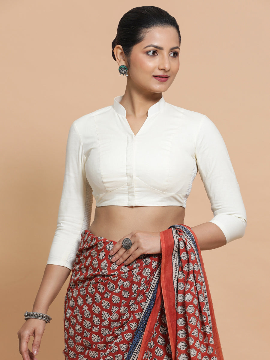 Minal x Rozaana Saree Blouse, in Cream Cotton, featuring three quarter sleeves and mandarin collar neckline (view 8).