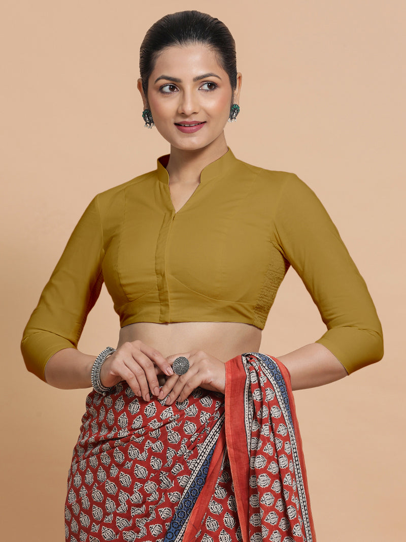 Minal x Rozaana | Mandarin Collar Khaki Plain Cotton Saree Blouse-Binks