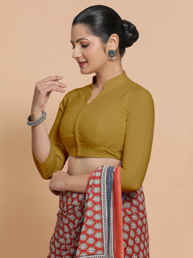 Minal x Rozaana | Mandarin Collar Khaki Plain Cotton Saree Blouse-Binks