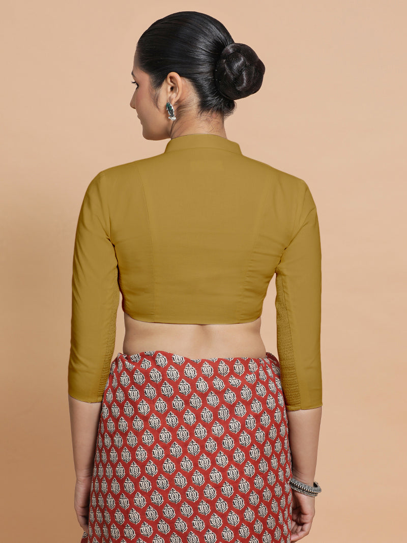 Minal x Rozaana | Mandarin Collar Khaki Plain Cotton Saree Blouse-Binks