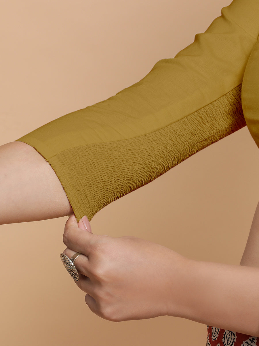 Minal x Rozaana Saree Blouse, in Yellow Cotton, featuring three quarter sleeves and mandarin collar neckline (view 4).