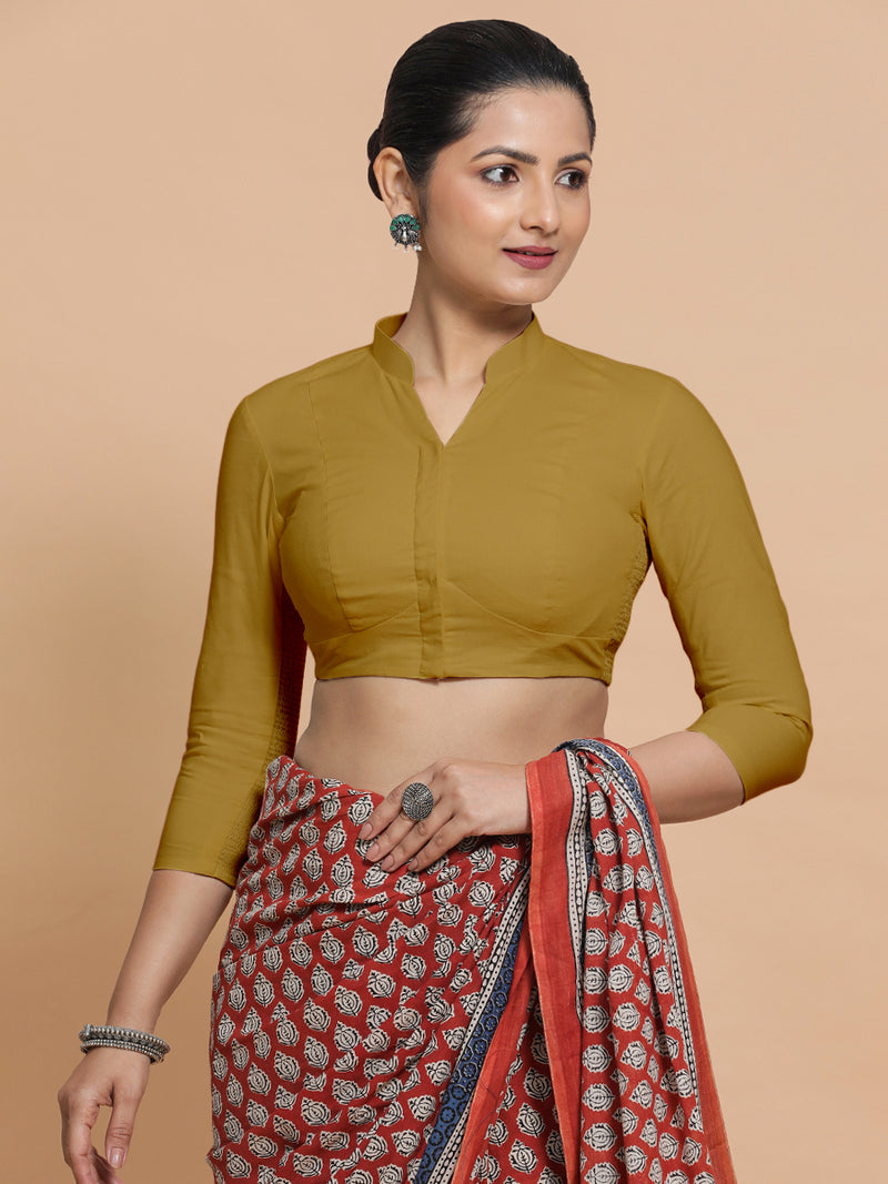 Minal x Rozaana | Mandarin Collar Khaki Plain Cotton Saree Blouse-Binks
