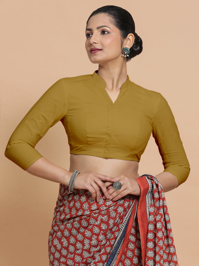 Minal x Rozaana | Mandarin Collar Khaki Plain Cotton Saree Blouse-Binks