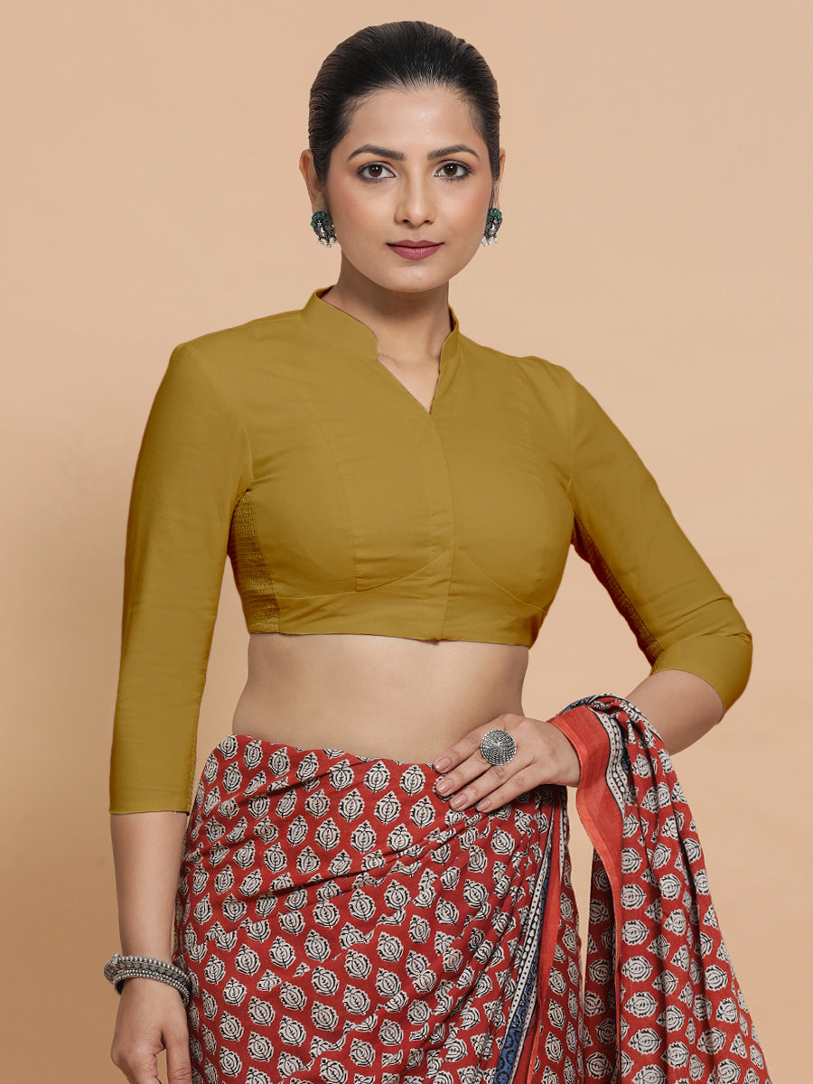 Minal x Rozaana Saree Blouse, in Yellow Cotton, featuring three quarter sleeves and mandarin collar neckline (view 7).