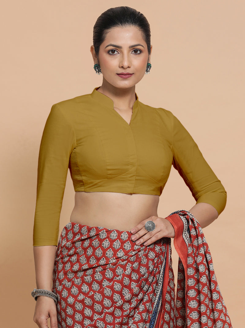 Minal x Rozaana | Mandarin Collar Khaki Plain Cotton Saree Blouse-Binks