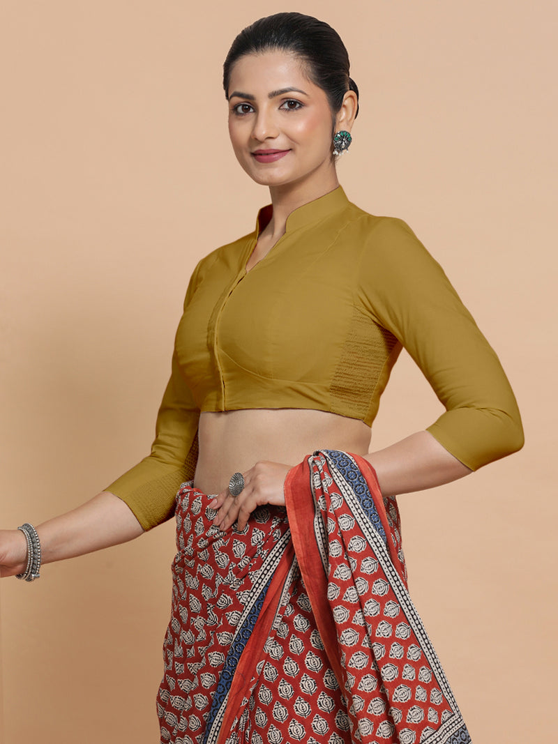 Minal x Rozaana | Mandarin Collar Khaki Plain Cotton Saree Blouse-Binks