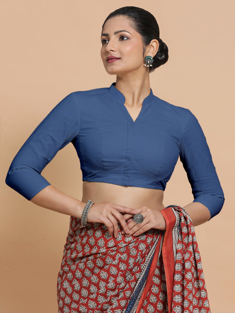 Minal x Rozaana Saree Blouse, in Blue 100% Cotton - Solid, featuring three quarter sleeves and mandarin collar neckline.