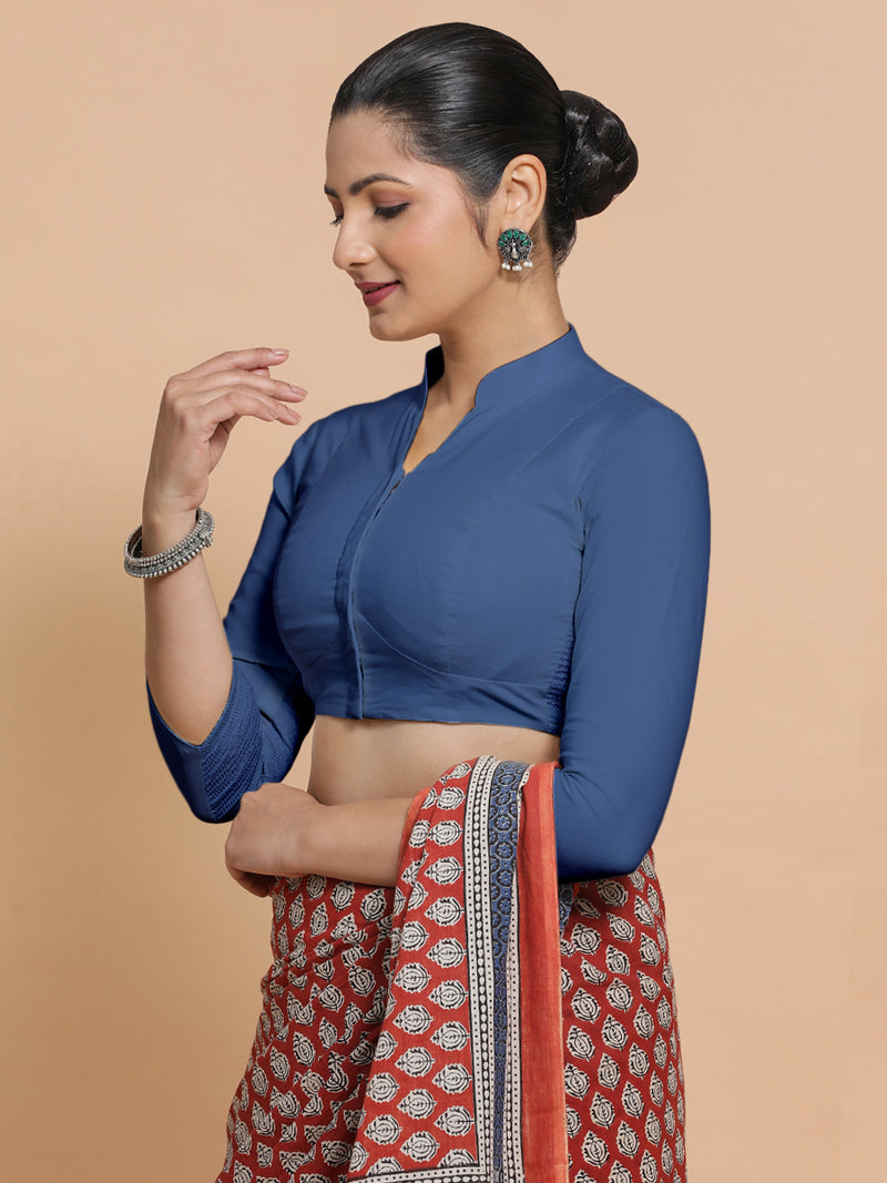 Minal x Rozaana | Three Quarter Sleeves Saree Blouse in Lapis Blue Plain Cotton-Binks