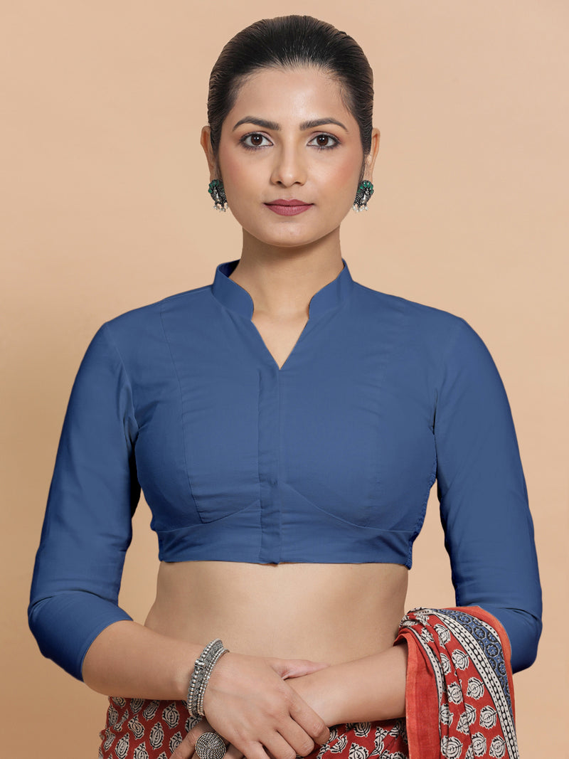 Minal x Rozaana | Three Quarter Sleeves Saree Blouse in Lapis Blue Plain Cotton-Binks