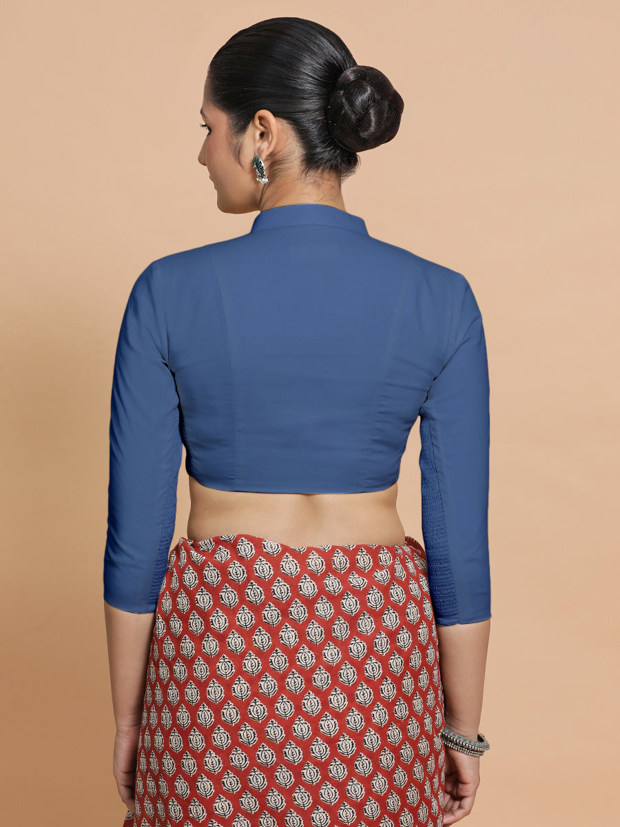 Minal x Rozaana Saree Blouse, in Blue 100% Cotton - Solid, featuring three quarter sleeves and mandarin collar neckline.