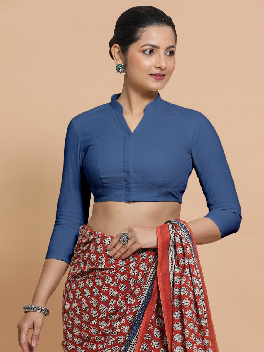 Minal x Rozaana Saree Blouse, in Blue 100% Cotton - Solid, featuring three quarter sleeves and mandarin collar neckline.