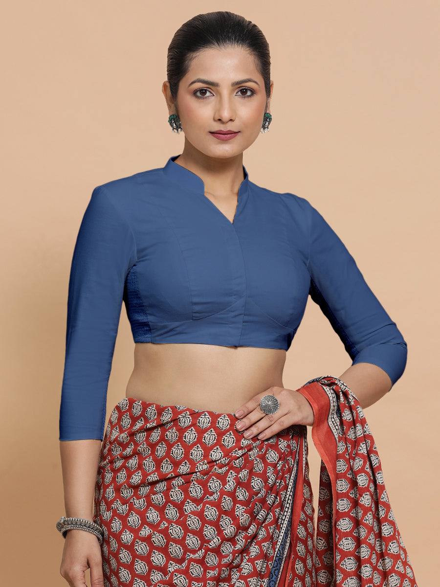 Minal x Rozaana Saree Blouse, in Blue 100% Cotton - Solid, featuring three quarter sleeves and mandarin collar neckline.