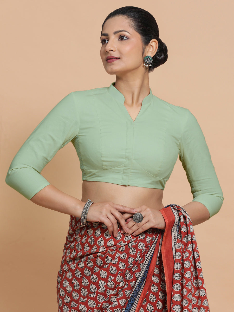 Minal x Rozaana | Mandarin Collar Light Sage Plain Cotton Saree Blouse