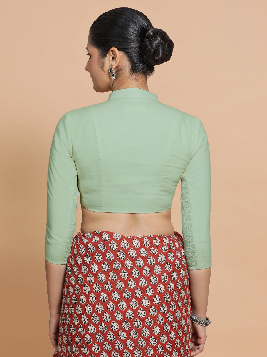 Minal x Rozaana Saree Blouse, in Green Cotton, featuring three quarter sleeves and mandarin collar neckline (view 2).