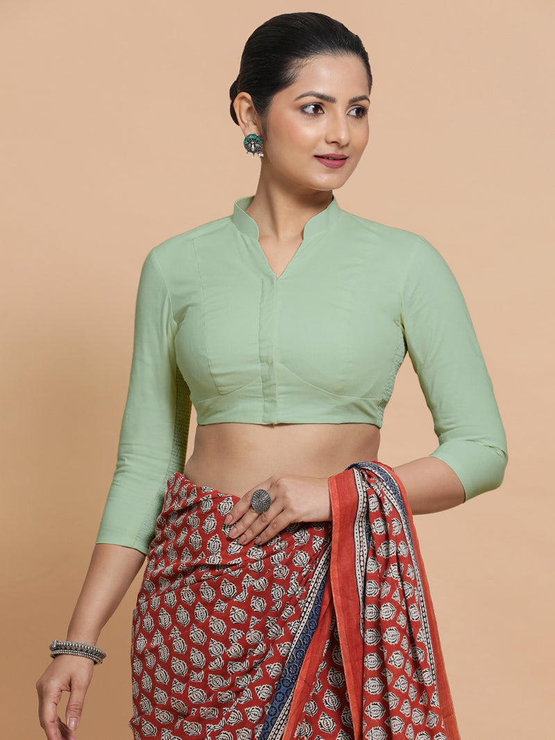 Minal x Rozaana | Mandarin Collar Light Sage Plain Cotton Saree Blouse-Binks