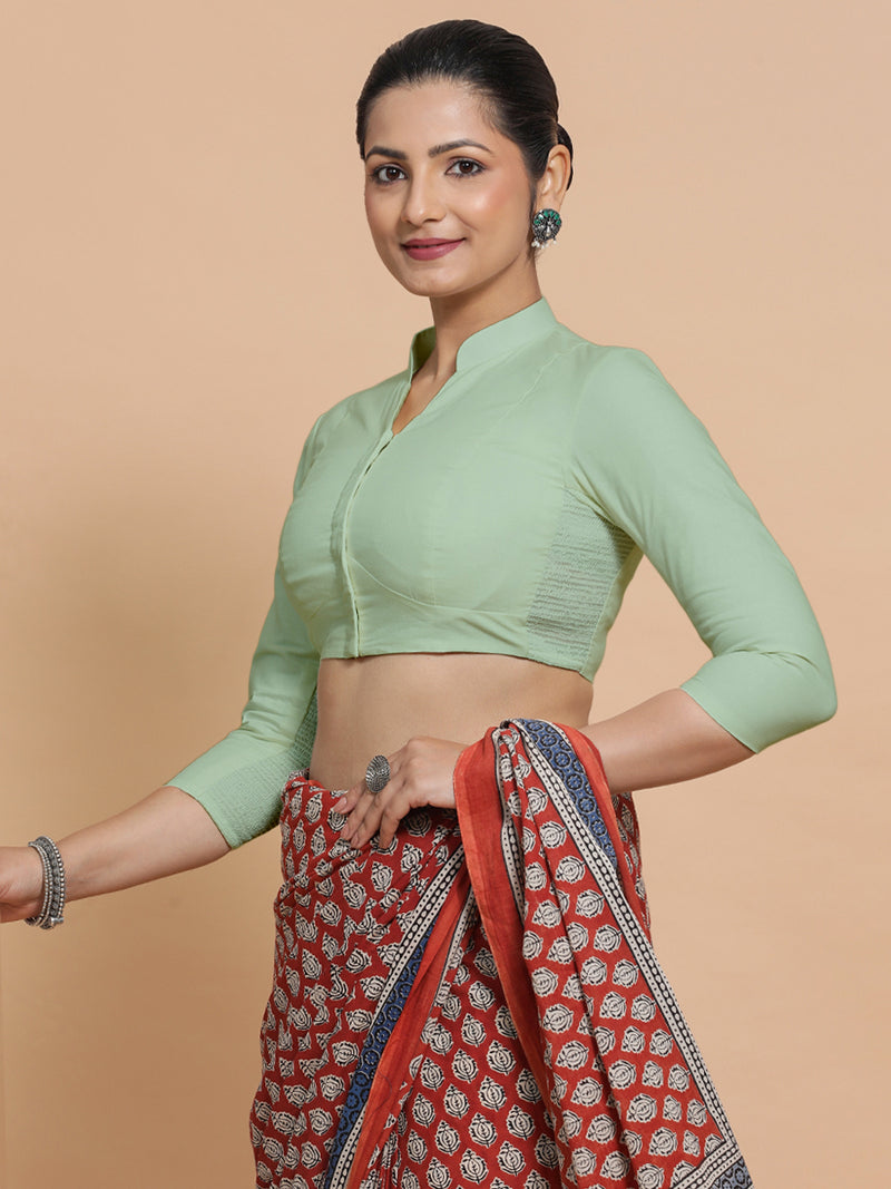 Minal x Rozaana | Mandarin Collar Light Sage Plain Cotton Saree Blouse-Binks