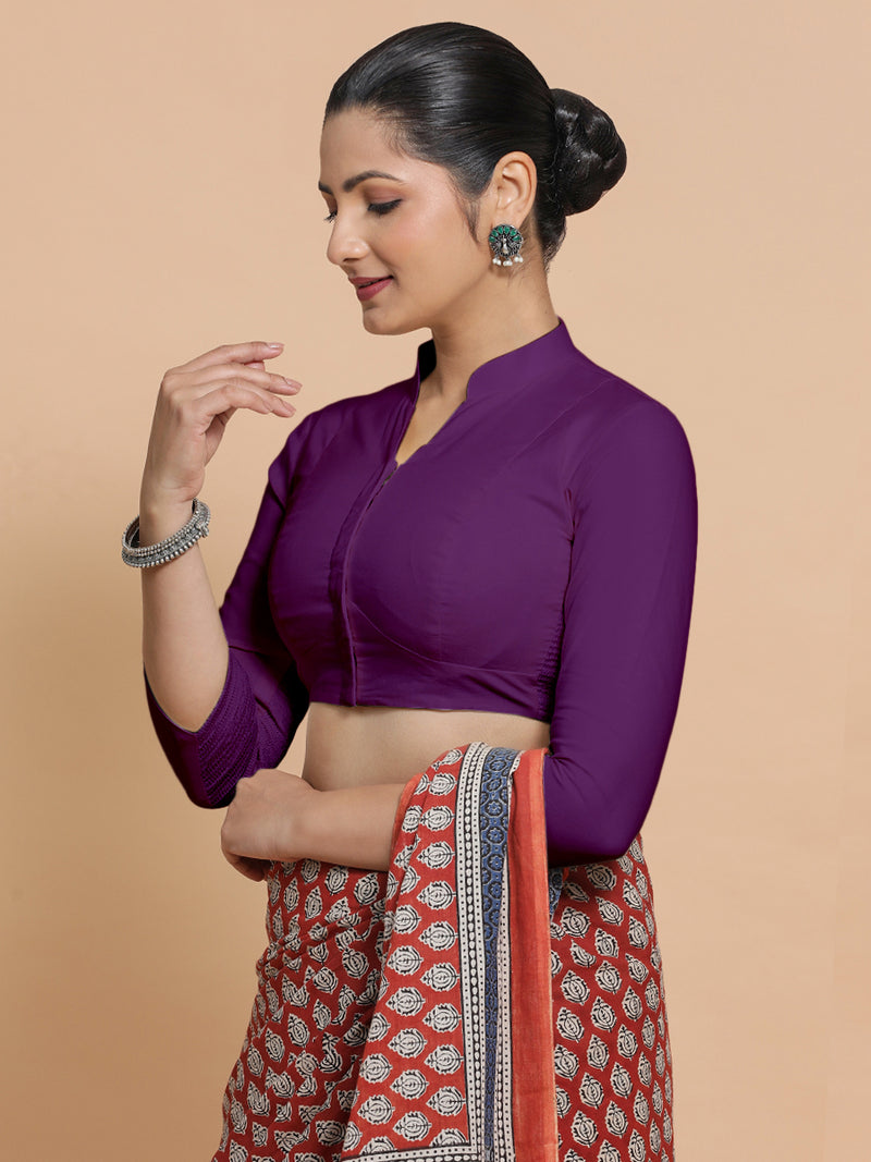 Minal x Rozaana | Mandarin Collar Magenta Bliss Plain Cotton Saree Blouse-Binks