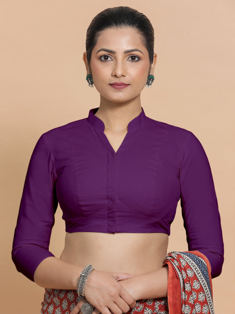 Minal x Rozaana | Mandarin Collar Magenta Bliss Plain Cotton Saree Blouse-Binks