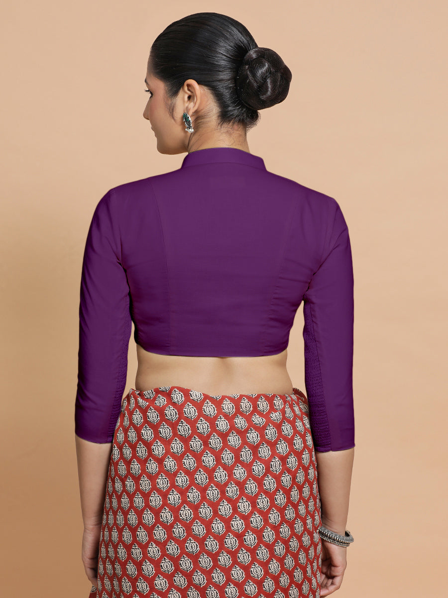 Minal x Rozaana Saree Blouse, in Purple Cotton, featuring three quarter sleeves and mandarin collar neckline (view 2).