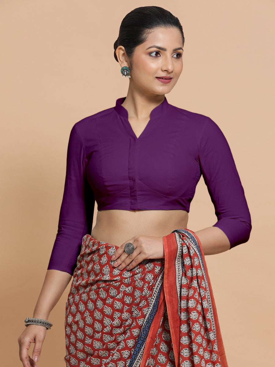 Minal x Rozaana Saree Blouse, in Purple Cotton, featuring three quarter sleeves and mandarin collar neckline (view 5).